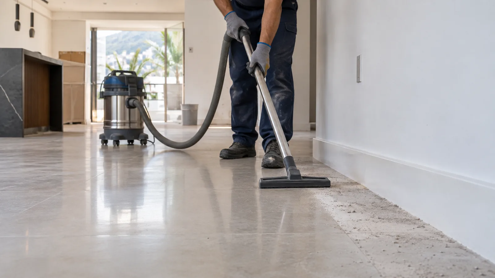 Profissional removendo resíduos finos de obra de um piso de porcelanato