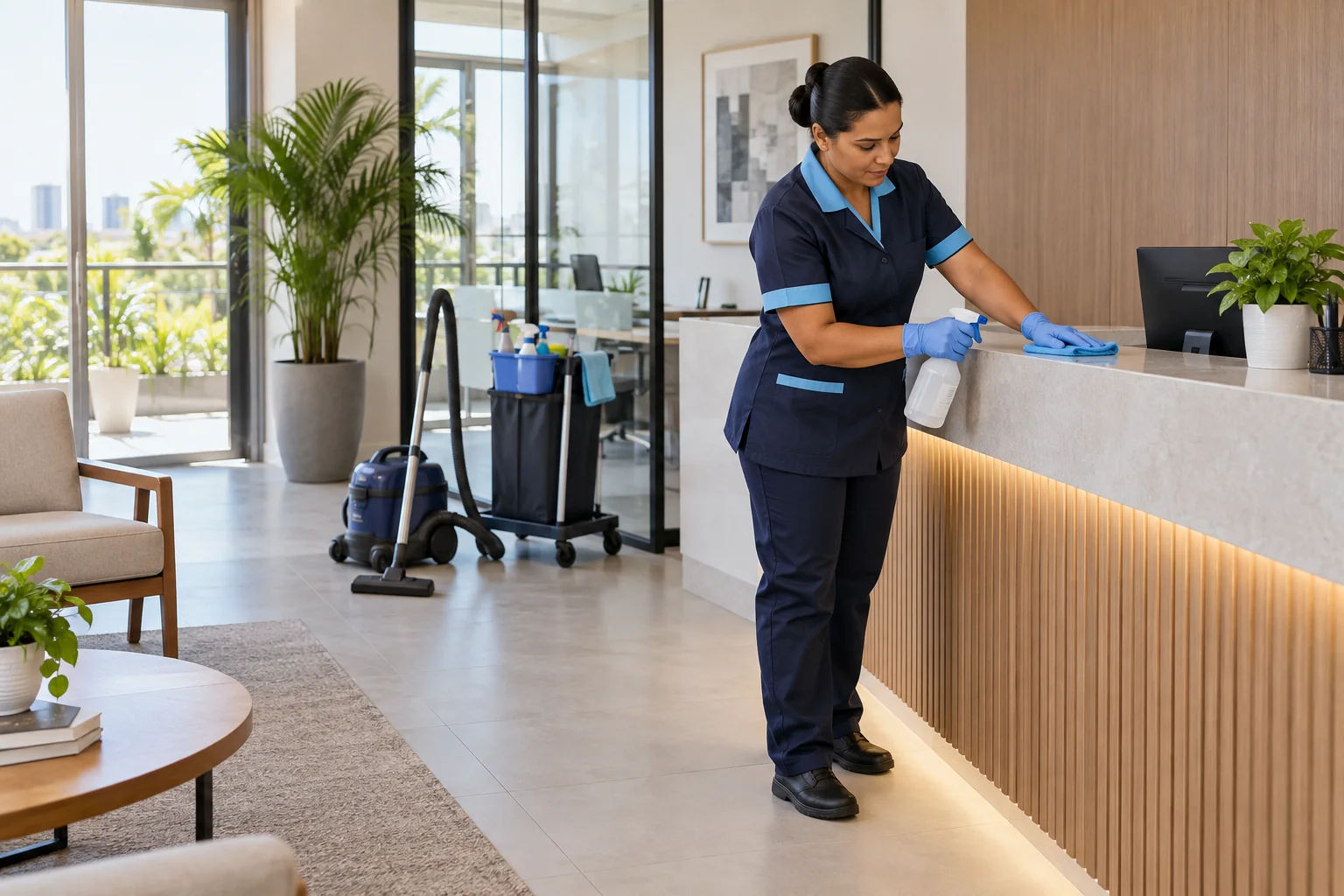 Profissional realizando limpeza em ambiente residencial ou comercial contemporâneo